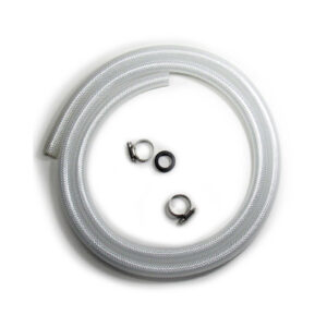 An image showing the media hose kit: a coiled piece of clear braided hose, two hose clamps and a grommet